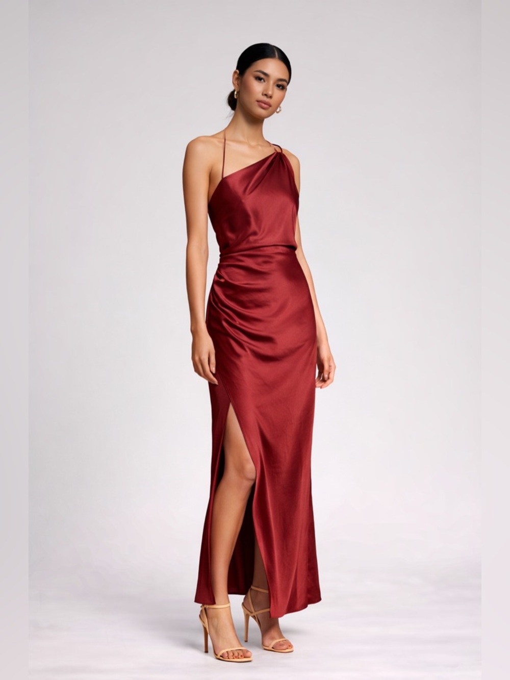 SIGNIFICANT OTHER Gracie One Shoulder Satin Maxi Dress in Wine